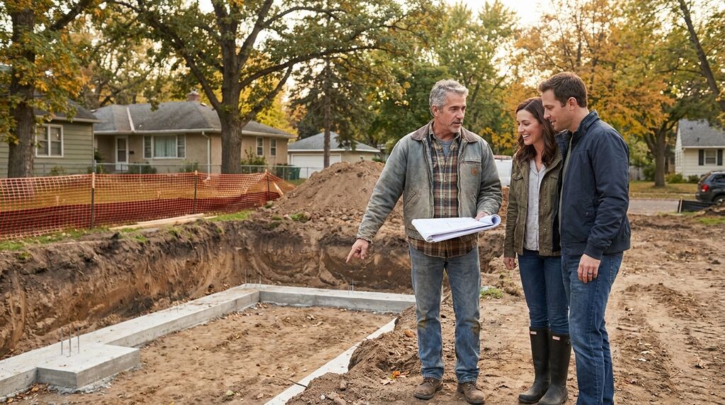 Custom home builder Brian Tutt reviewing foundation plans at a Twin Cities build site