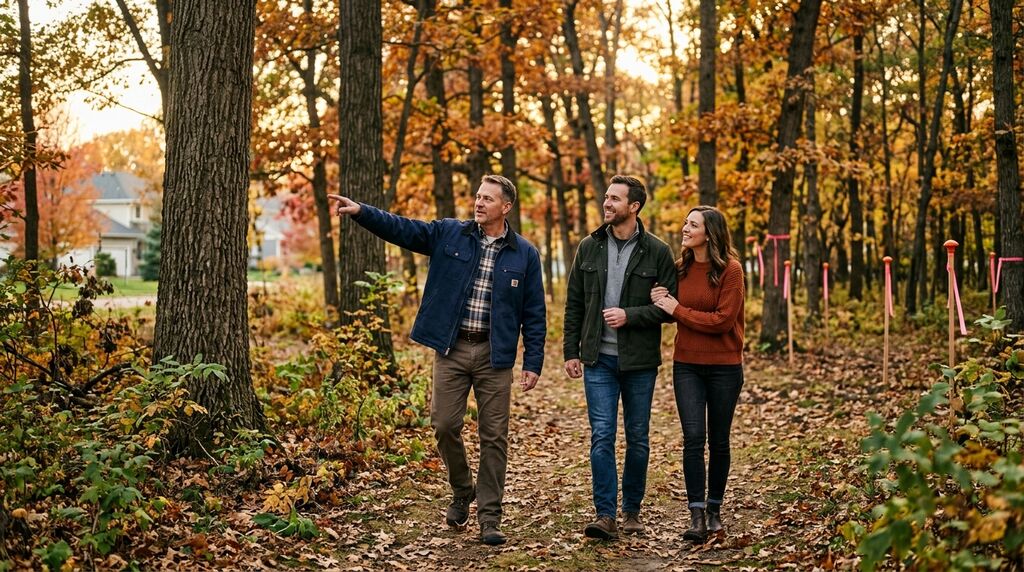 Custom home builder walking residential lot with clients in Maple Grove Minnesota