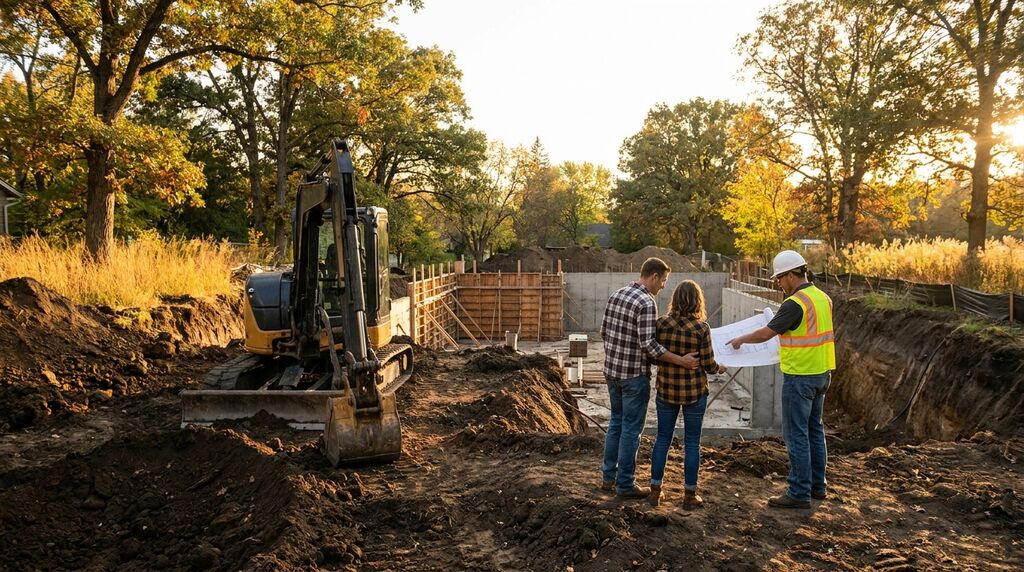 Excavation crew digging a full basement foundation for a new custom home in Minnesota