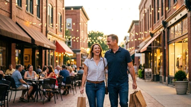 Shoppers walking along Lake Street in downtown Wayzata, MN shops
