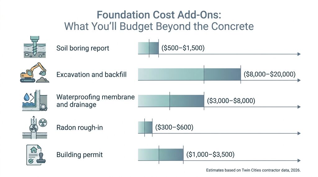 Infographic showing home foundation cost breakdown and add-on costs for Minnesota new construction