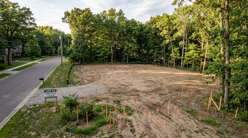 Wooded residential lot in Twin Cities Minnesota suburb cleared for custom home construction