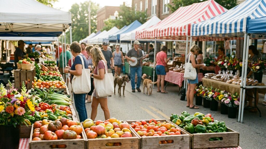Shoppers browsing produce stands at the Minnetonka farmers market