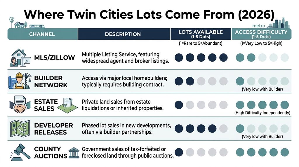 Infographic comparing land search channels by lot availability and access difficulty in Twin Cities