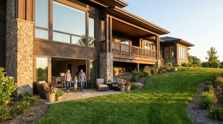 Walkout basement exterior with glass doors opening onto a patio