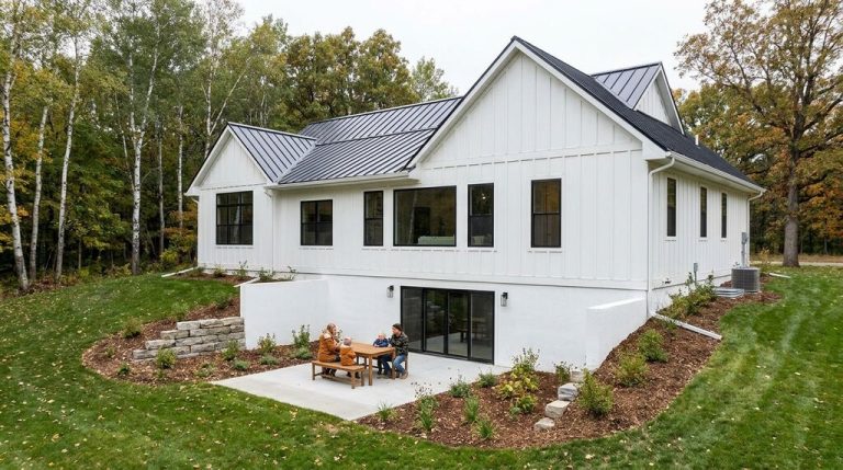 Walkout basement on a modern farmhouse style custom home on a sloped lot in Minnesota