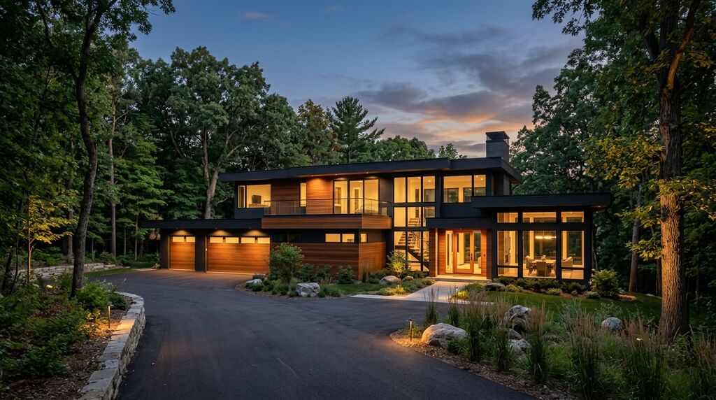 Contemporary custom home exterior on a wooded lot near Eden Prairie