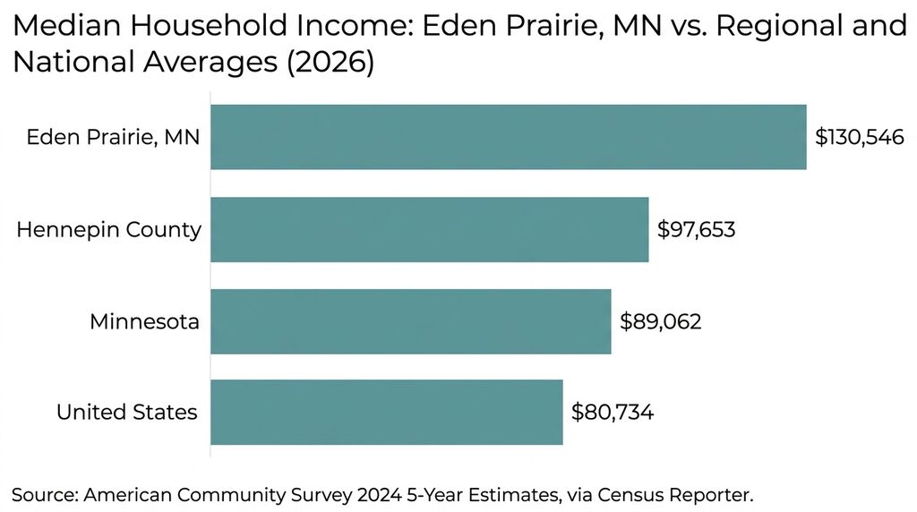 Bar chart comparing Eden Prairie MN household income to state average