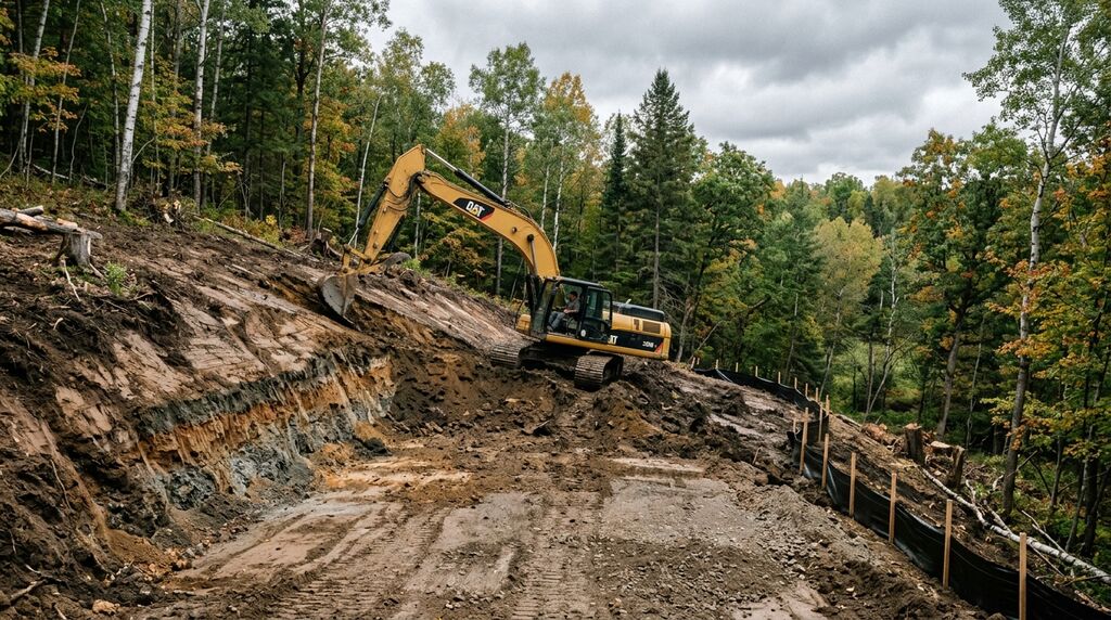 Excavator grading a sloped wooded lot for a stepped foundation