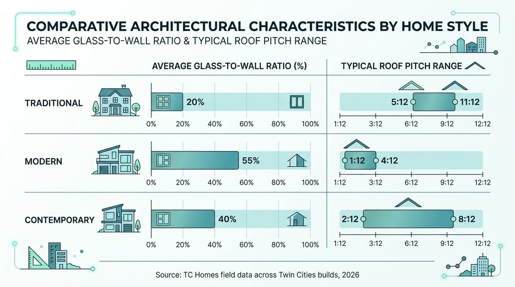 Chart comparing roofline pitch and glazing ratio by home style