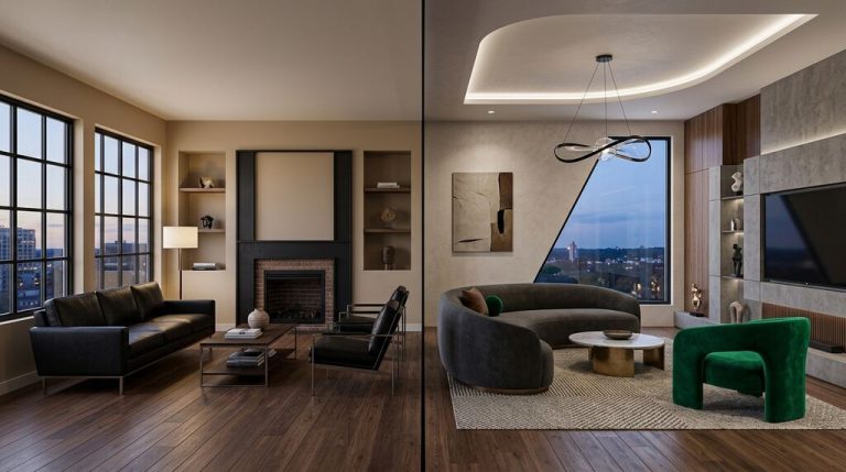 Split image comparing modern vs contemporary living room design