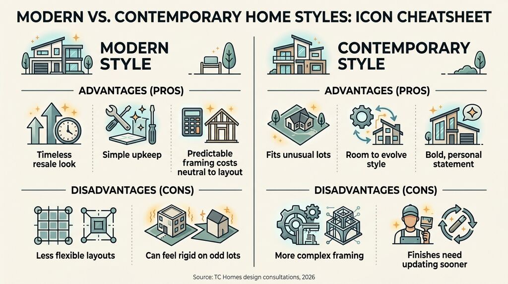 Pros and cons cheatsheet comparing modern vs contemporary homes