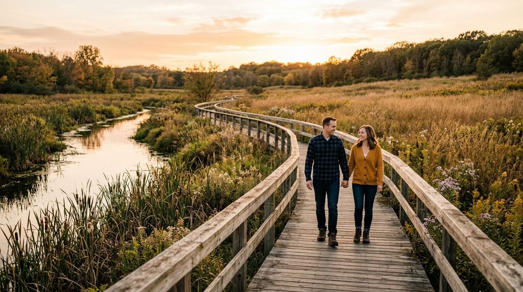 Couple walking the wooden boardwalk trail at Purgatory Creek Park