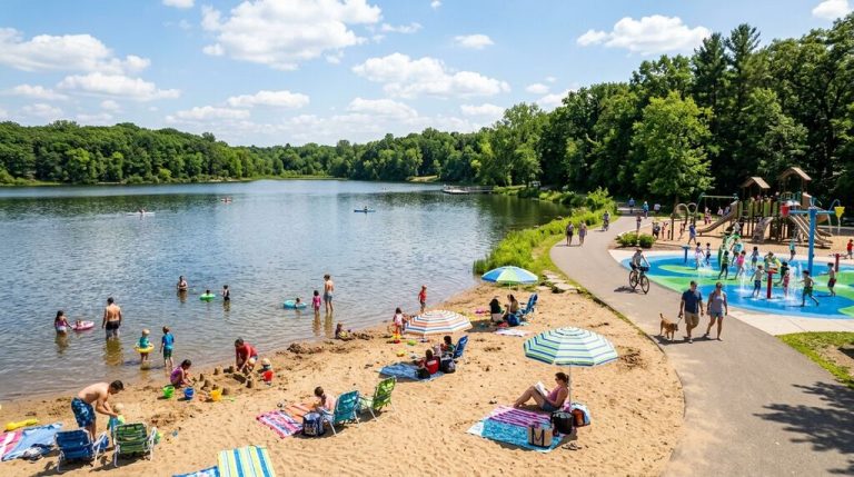 Families at Round Lake Park beach and splash pad in Eden Prairie