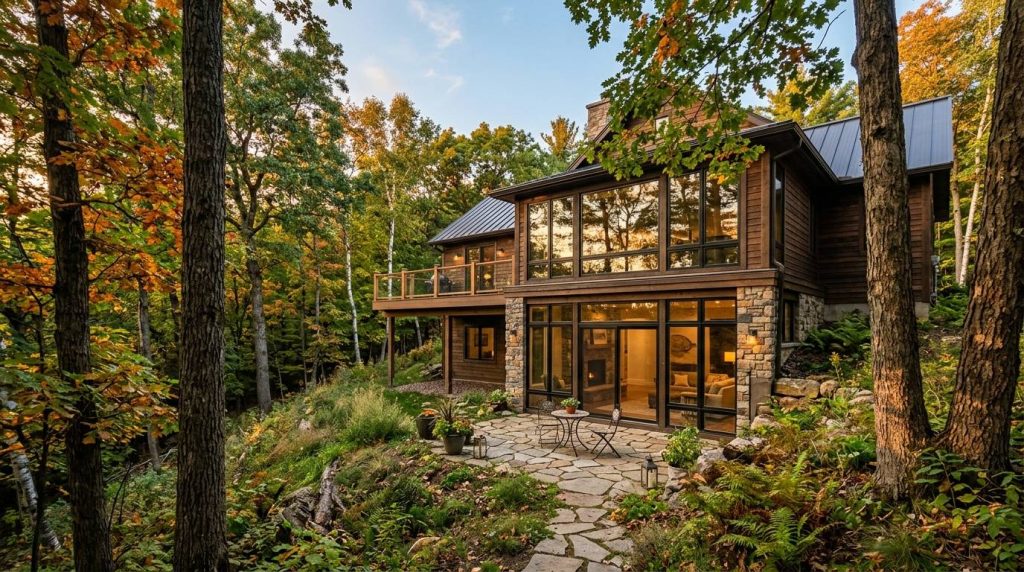 Custom home with walkout basement built on a sloped wooded lot