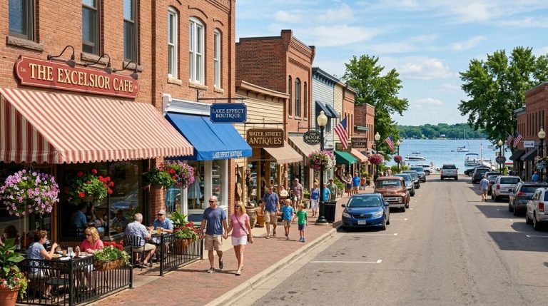 Historic Water Street shops and cafes in downtown Excelsior, MN